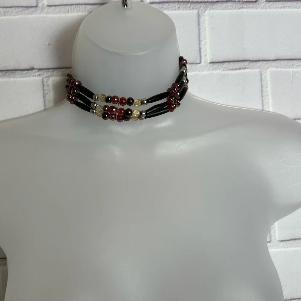 Vintage Handmade Beaded Multi- Strand Choker Necklace - Red, Gold & Black